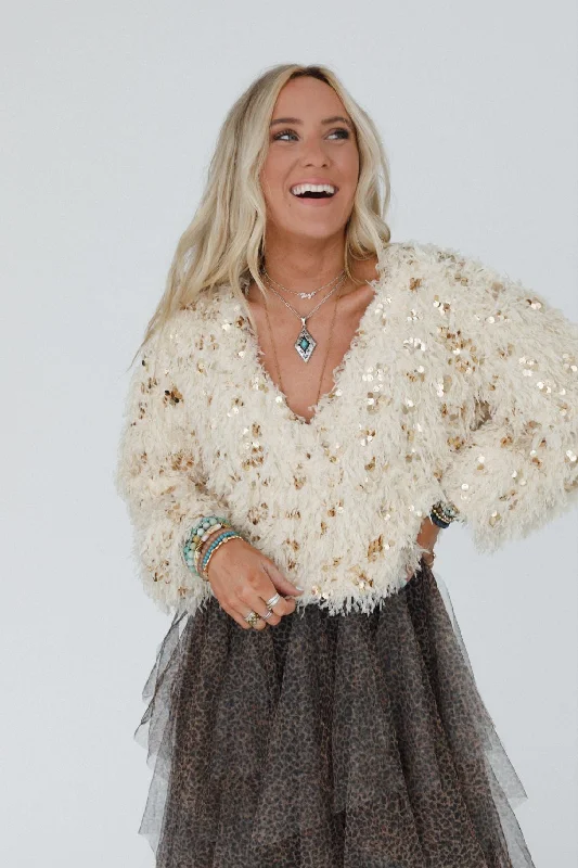 Striking Moments Sequin Sweater Top - Cream Cotton Fabric Linen Fabric Terry Fabric