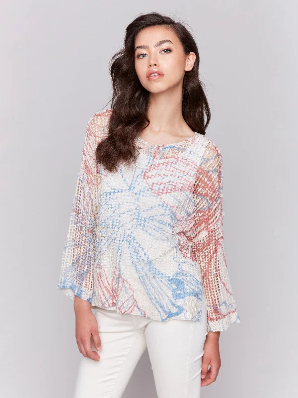 Printed Fishnet Crochet Sweater - Corolla Notch Collar Peter Pan Collar Cowl Neck