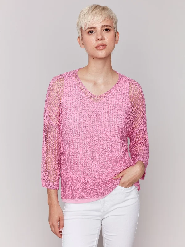 Fishnet Crochet Sweater - Begonia Mesh Blend Leather Blend Suede Blend
