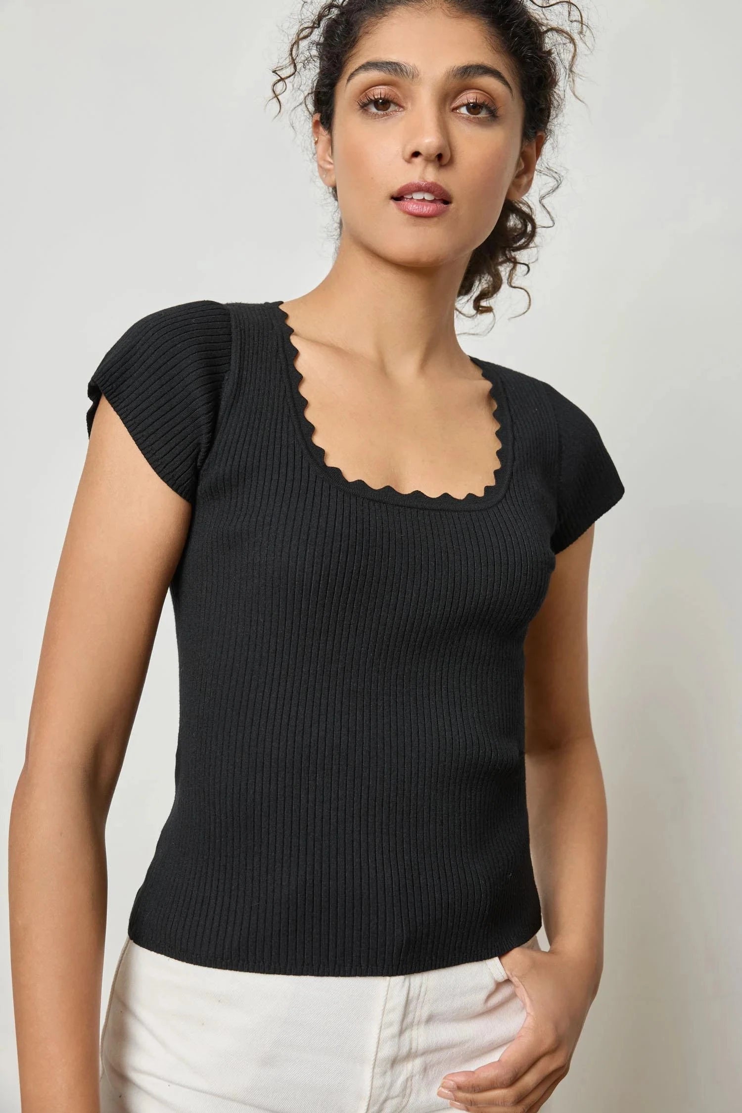 Cap Sleeve Scallop Neck Sweater Black Embroidered Appliqued Beaded