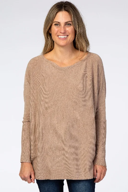 Mocha Soft Knit Boatneck Dolman Sleeve Sweater Fitted Loose Oversized