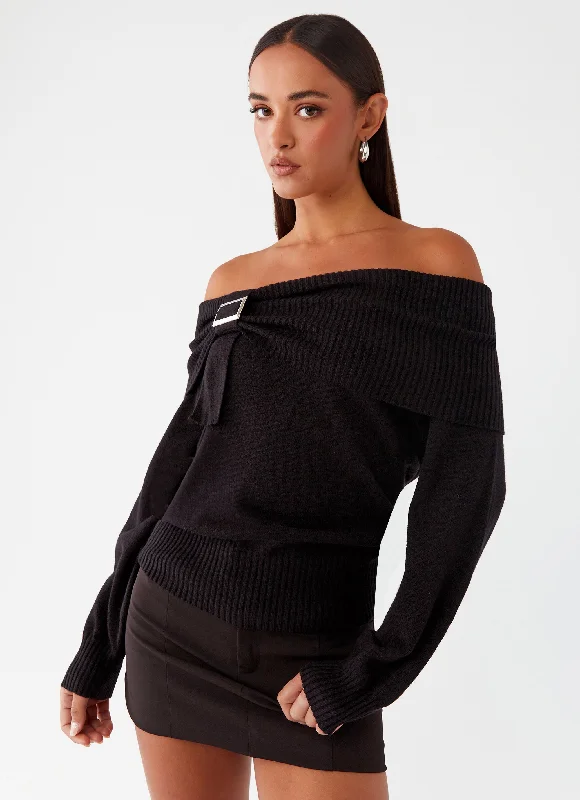 Buckle Up Oversized Bardot Knit Sweater - Black Sequined Glittery Shiny