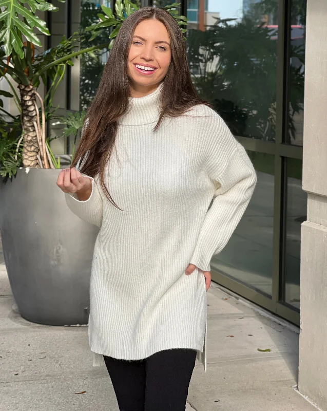 MEROKEETY Turtleneck Oversized Split Ribbed Knit Sweater Satin Fabric Silk Fabric Chiffon Fabric
