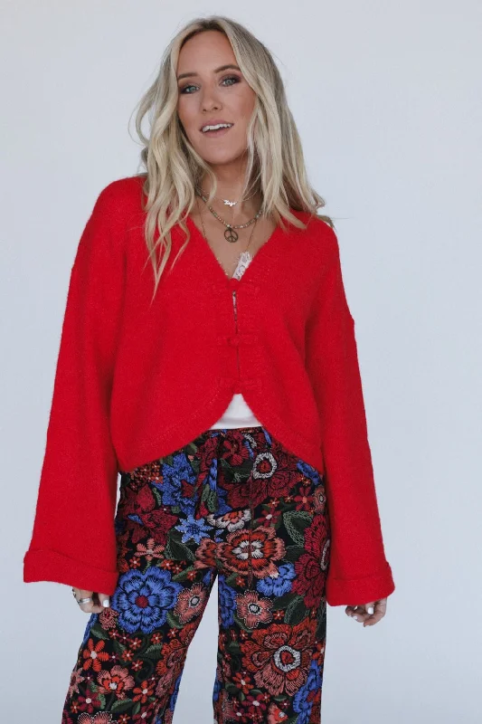 The Nest Kendrick Sweater Top - Red Stretchy Elastic Breathable