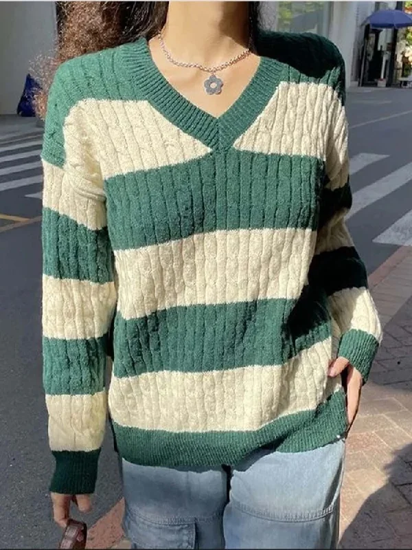 Preppy Style Academia Fashion Striped Sweater Collared Crew Neck Turtle Neck
