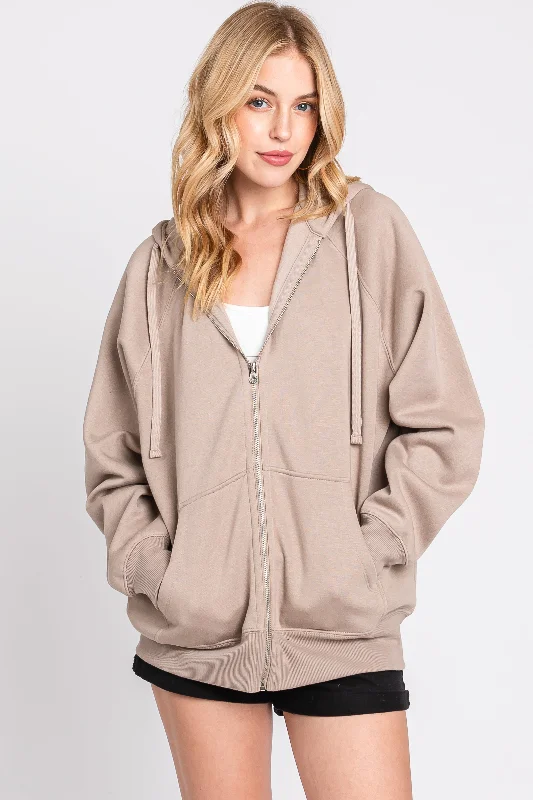 Taupe Front Zipper Hooded Sweater Neon Metallic Matte