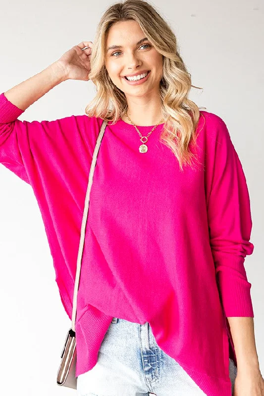 Fuchsia Dolman Sleeve Side Slit Sweater Ribbed Striped Patterned