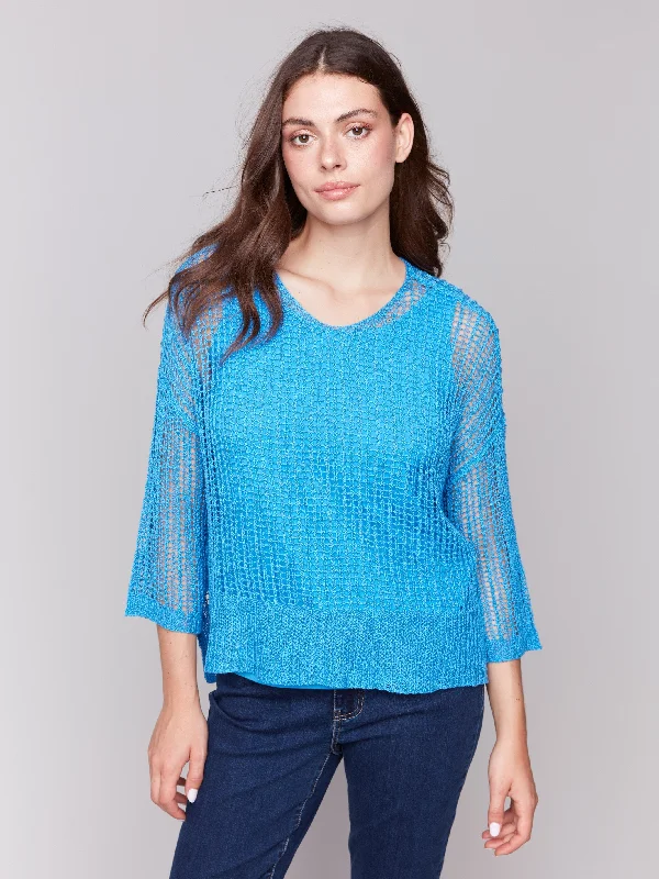 Fishnet Crochet Sweater - Lagoon Houndstooth Herringbone Solid