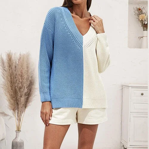 Contrast V-Neck Drop Shoulder Slit Sweater Houndstooth Herringbone Solid