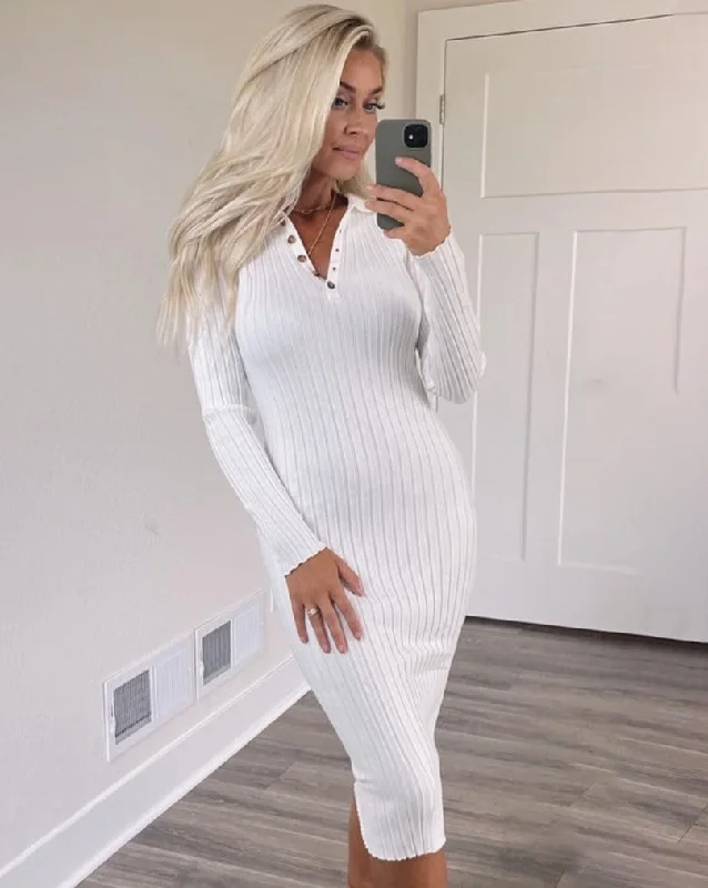 MEROKEETY Long Sleeve V Neck Ribbed Sweater Midi Dress Machine Wash Dry Clean Hand Wash