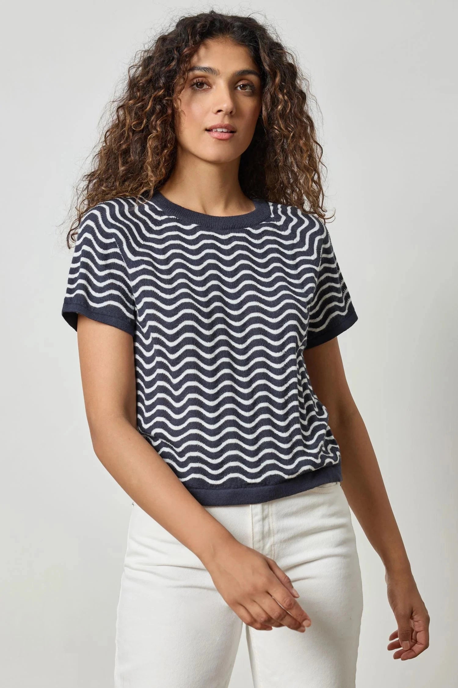 Wave Stitch Sweater Navy Wave Cashmere Blend Cotton Blend Poly Blend
