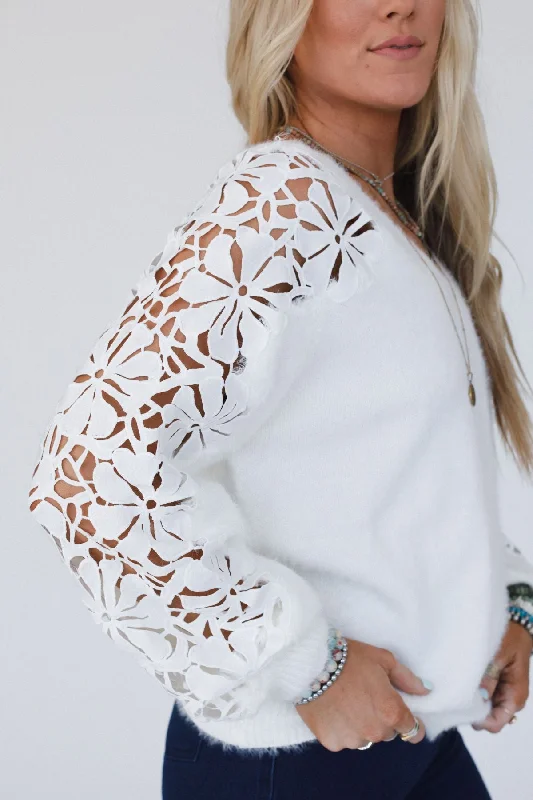 Eye Catcher Floral Lace Sweater - White Fitted Loose Oversized