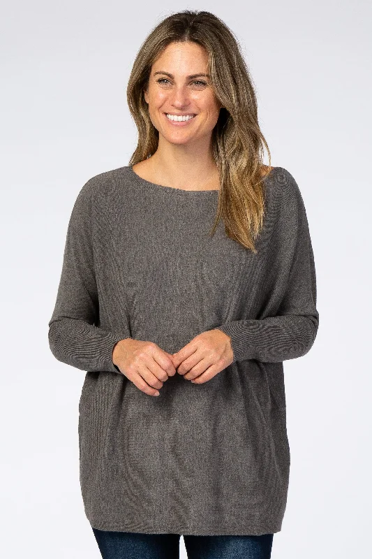Grey Soft Knit Boatneck Dolman Sleeve Sweater Elasticated Padded Insulated