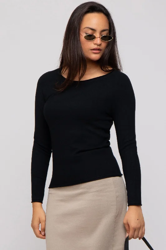 Black Basic Raglan Sleeve Sweater Top Satin Blend Silk Blend Wool Blend
