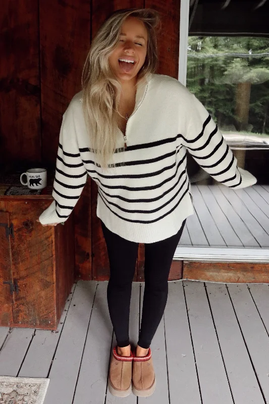 Ivory Striped Half Zip Sweater Mesh Fabric Canvas Fabric Denim Fabric