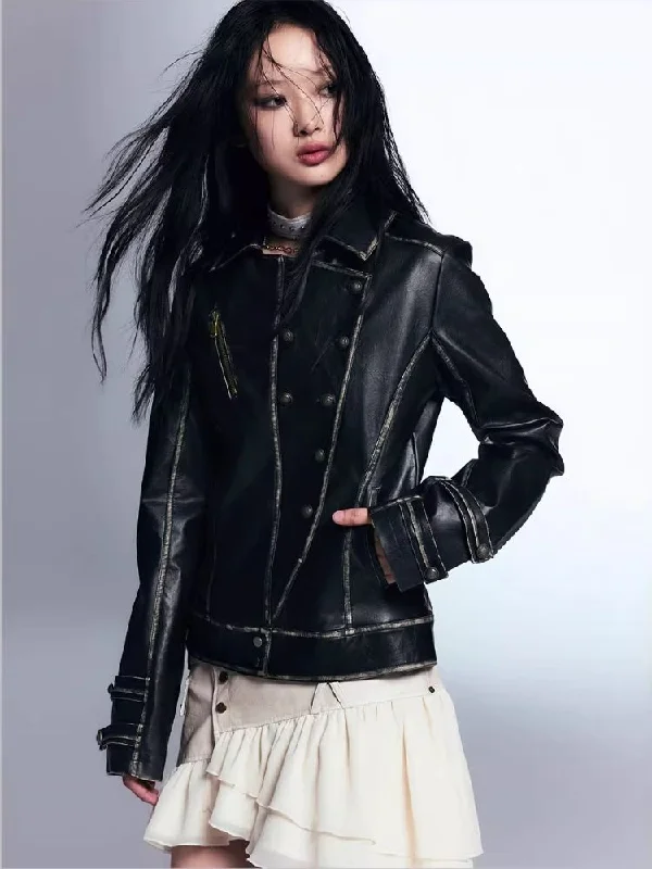Waisted leather short jacket【s0000007912】 Denim Fabric Leather Fabric Suede Fabric