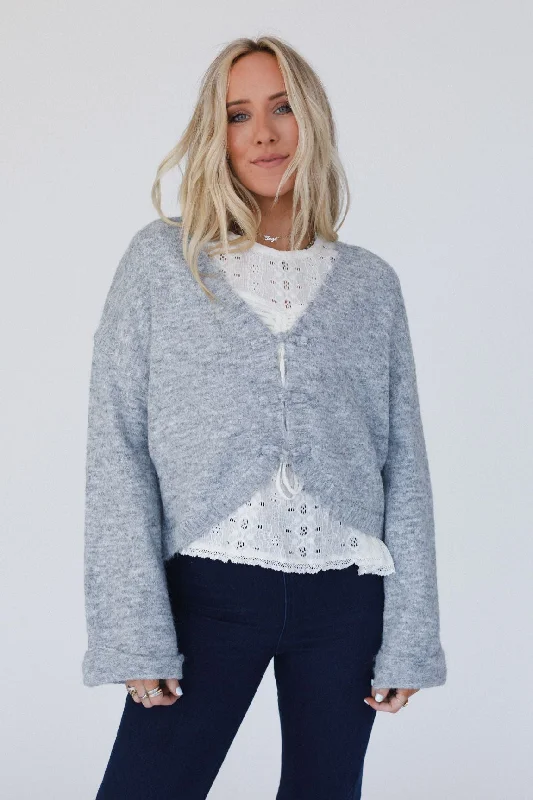 The Nest Kendrick Sweater Top - Heather Gray Knit Fabric Woven Fabric Fleece Fabric