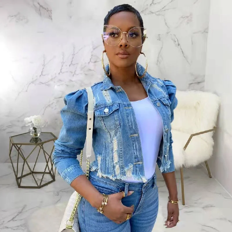 Wholesale medium and long denim jacket for women（CL9342） Notch Collar Peter Pan Collar Cowl Neck