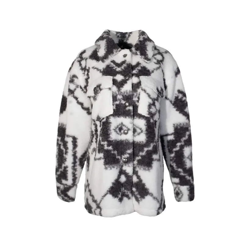 Hooey Ladies White With Black Aztec Print Sherpa Jacket HJ126WHBK Notch Collar Peter Pan Collar Cowl Neck