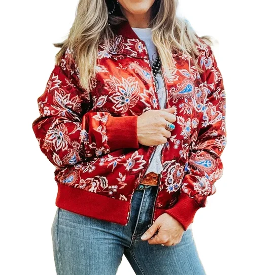 Hooey Ladies Red Floral Printed Bomber Jacket HJ107RD One-Shoulder Jacket Off-the-Shoulder Jacket Asymmetrical Jacket