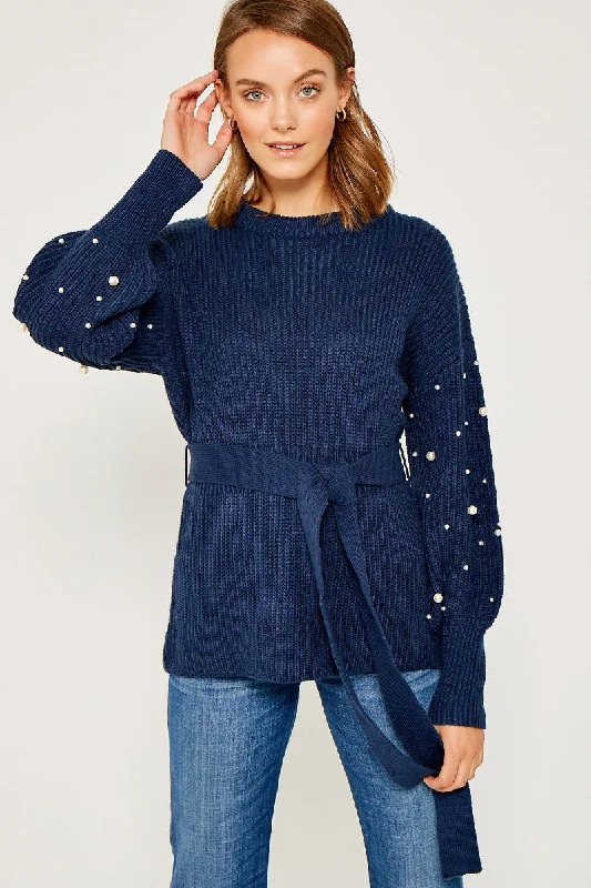 Pearl Knit Tie Front Sweater Fitted Loose Oversized