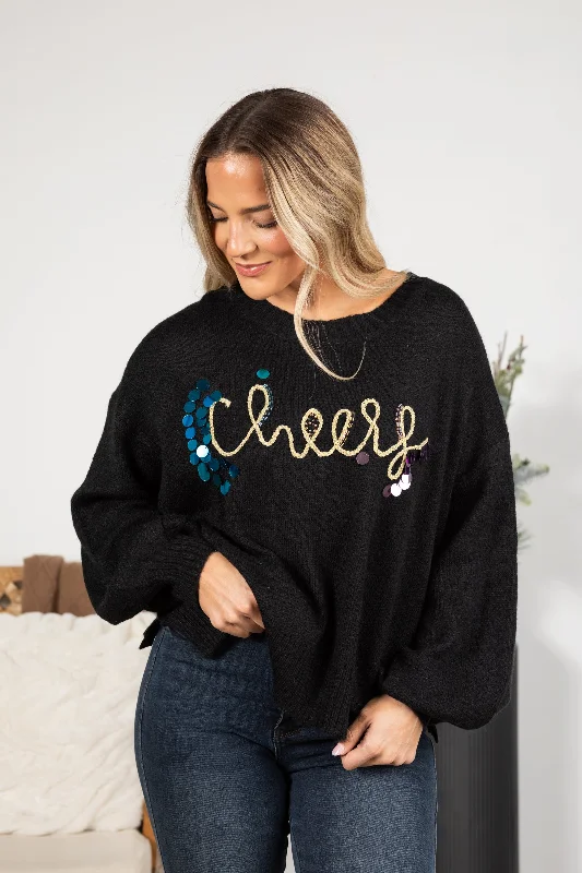 Black Cheers Beaded And Sequined Sweater Solid Print Embellished