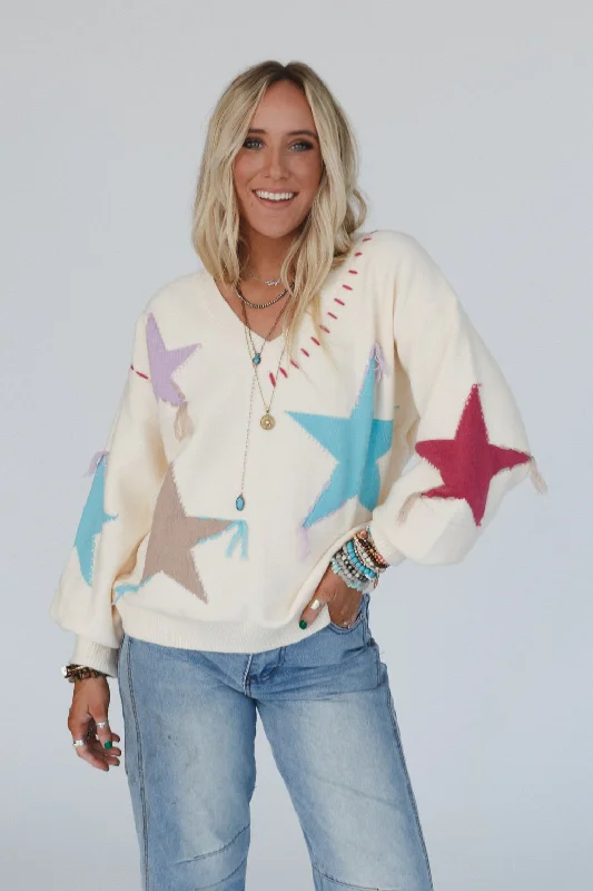 Stellar Groove Star Print Sweater - Beige Zippered Front Buttoned Front Snap Front