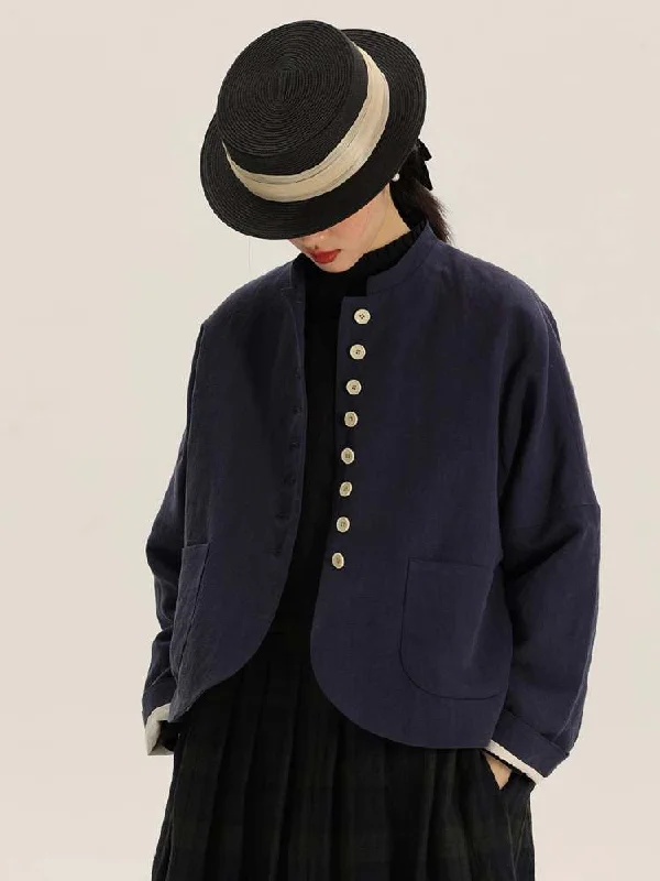 Button Design Stand Collar Linen Loose Jacket【s0000006901】 Toggled Jacket Drawstring Jacket Belted Jacket