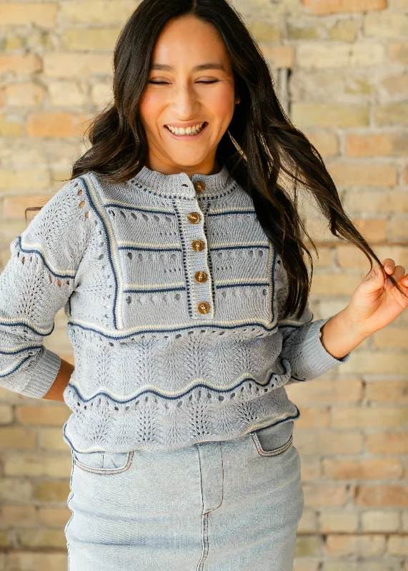 Elora Blue Quarter Button Sweater Velvet Chenille Corduroy