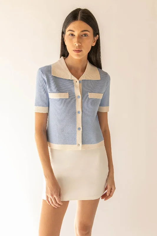 CONTRAST TRIM POLO SWEATER Mesh Fabric Canvas Fabric Denim Fabric