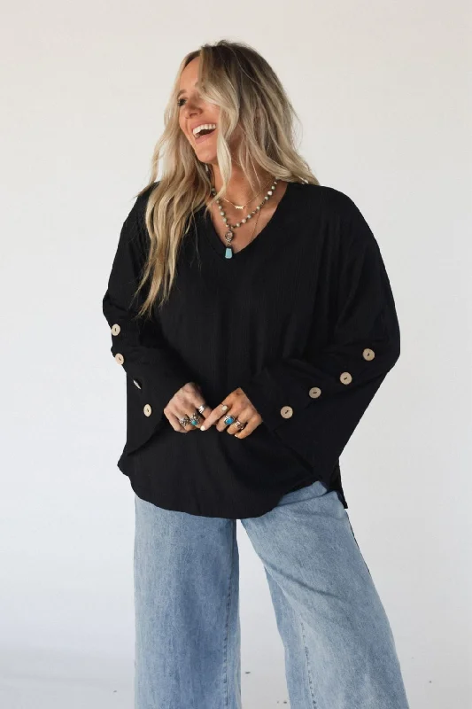 The Nest French Cafe Ribbed Knit Sweater Top - Black Thin Thick Dense