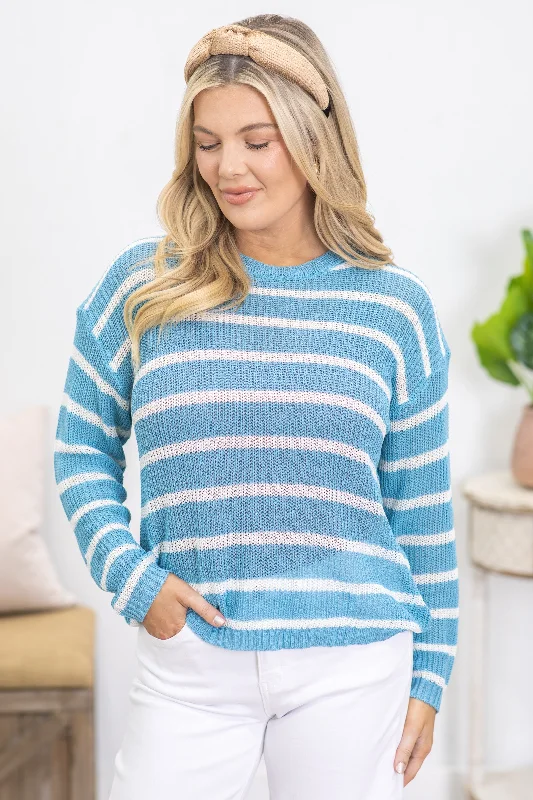 Baby Blue And White Stripe Light Sweater Top Wool Fabric Cashmere Fabric Tweed Fabric