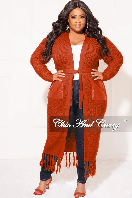 Final Sale Plus Size Fringe Knit Sweater Duster with Faux Leather Pockets in Rust Fleece Fabric Down Fabric Feather Fabric