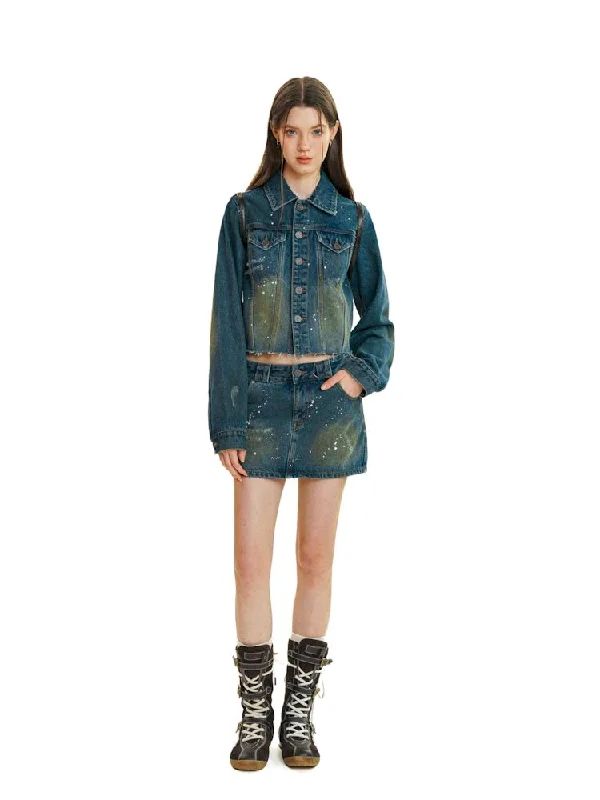 Double Pocket Splash Ink Denim Jacket【s0000008601】 Knit Fabric Woven Fabric Fleece Fabric