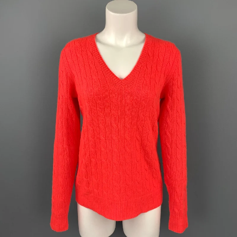 POLO by RALPH LAUREN Size M Orange Cable Knit Cashmere V-Neck Sweater Fitted Slim Tailored