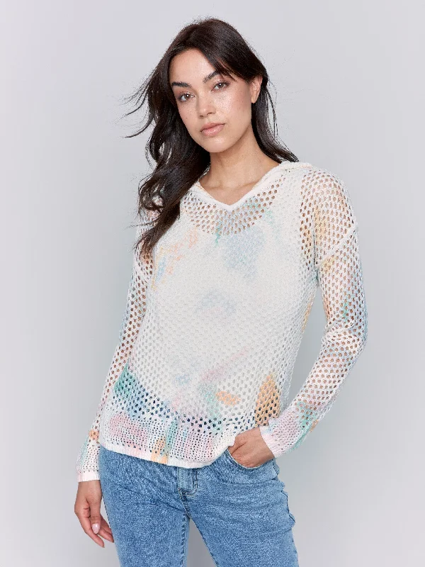 Printed Fishnet Crochet Hoodie Sweater - Pastel Zippered Buttoned Snapped