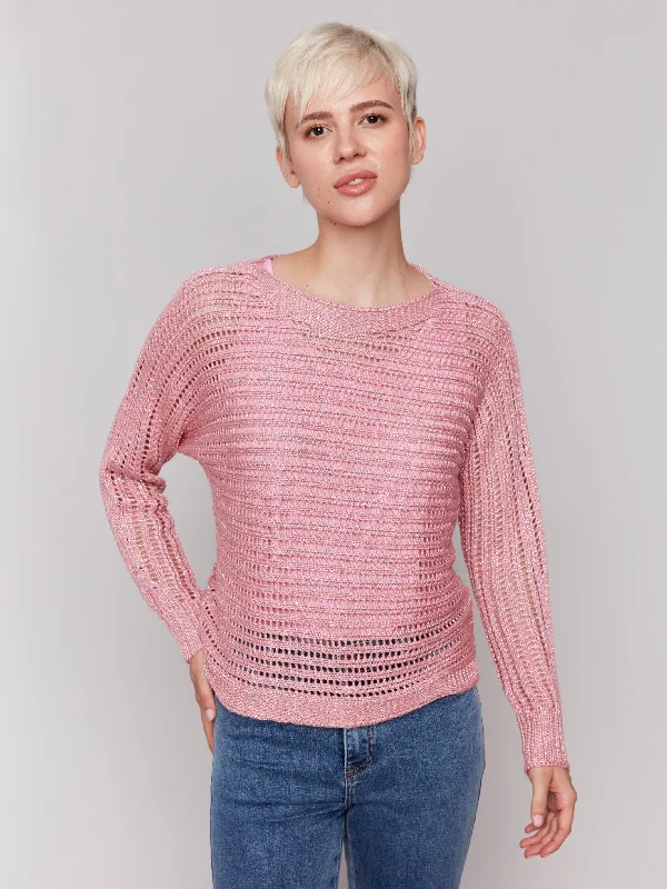 Metallic Fishnet Dolman Sweater - Guava Sequined Glittery Shiny