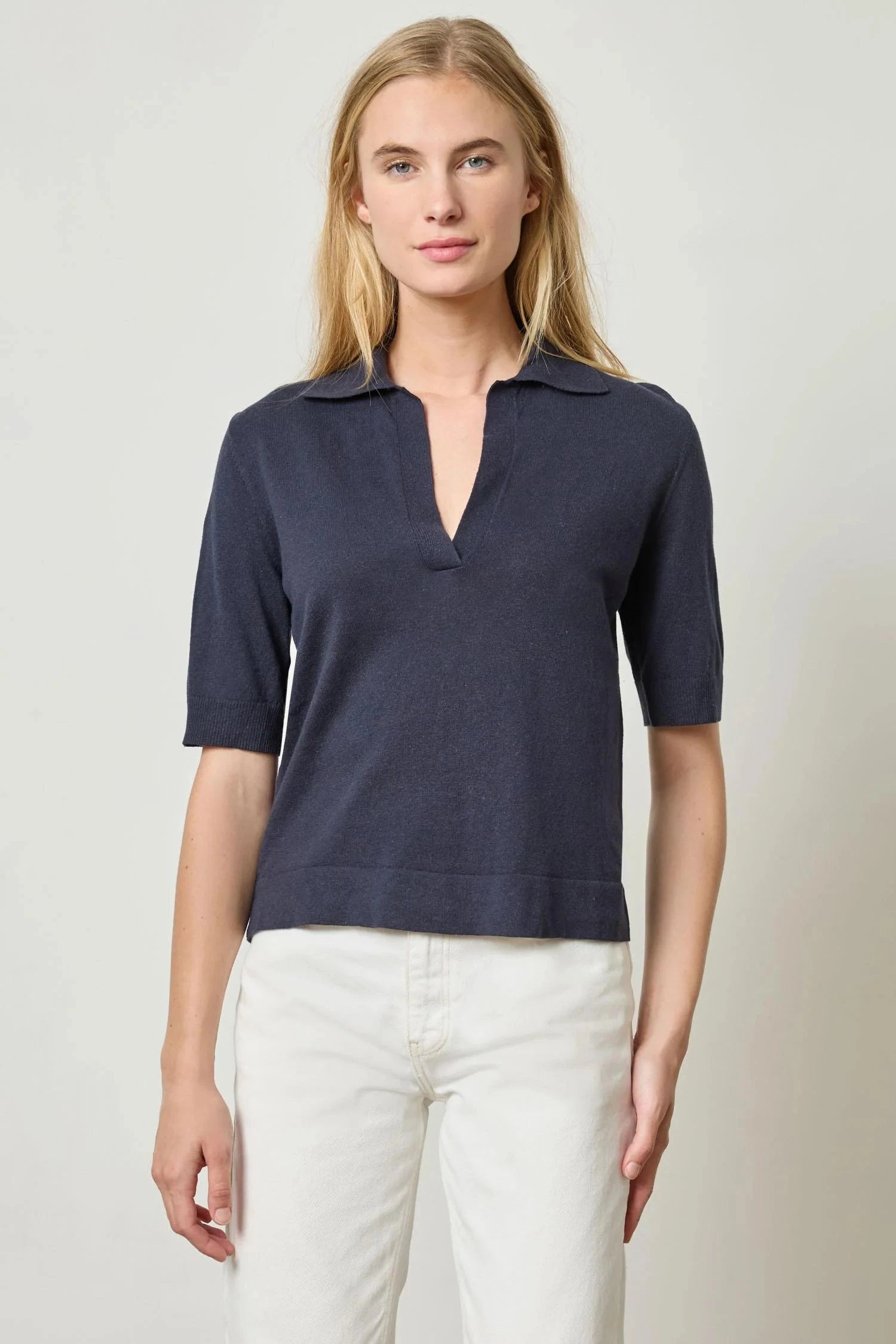Elbow Sleeve Polo Sweater Navy Ribbed Striped Patterned