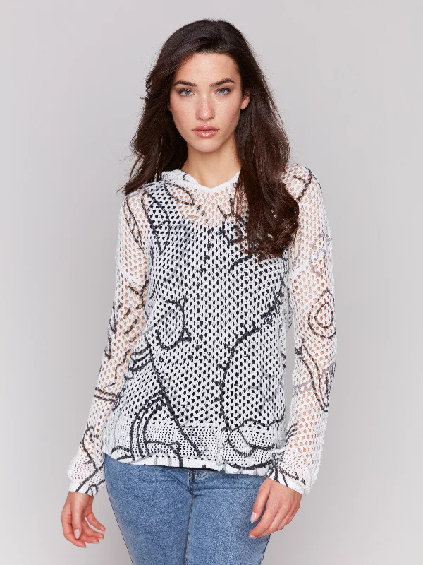 Printed Fishnet Crochet Hoodie Sweater - Pepper Elasticated Padded Insulated