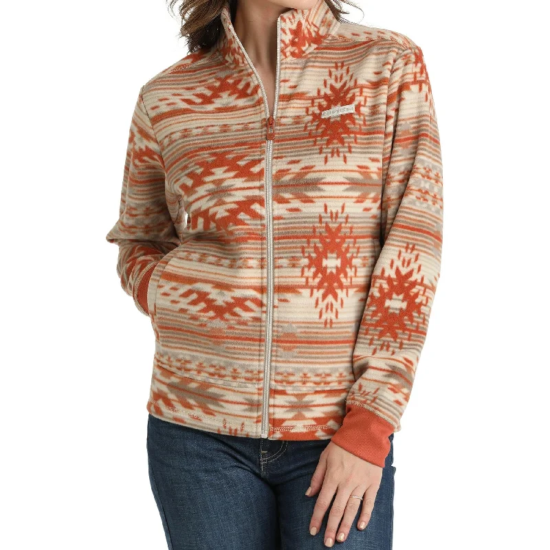 Cinch Ladies Southwestern Print Fleece Stone Grey & Coral Jacket MAJ9894003 Snapped Jacket Toggled Jacket Drawstring Jacket