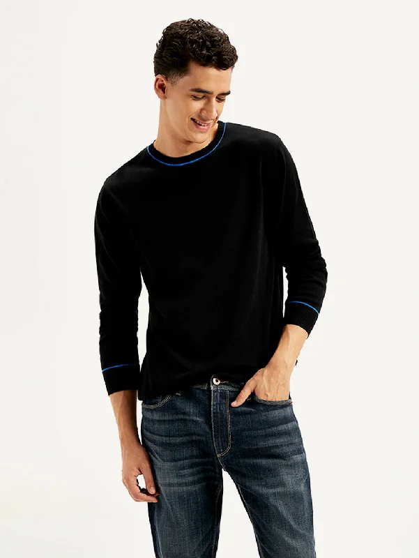 Men's Solid Black Crew Neck Sweater Casual Formal Business