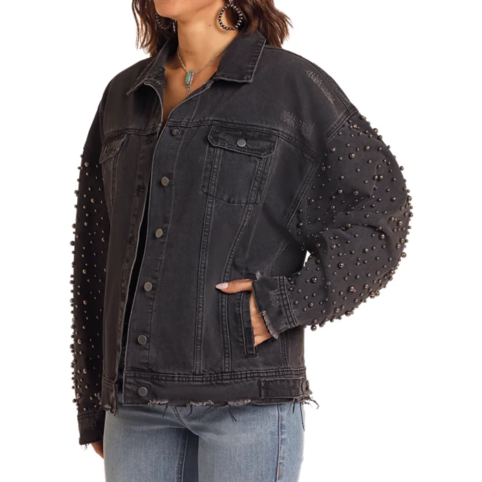 Rock & Roll Ladies Black Distressed Pearl Sleeve Jacket BW92D05348 Corduroy Jacket Velvet Jacket Brocade Jacket