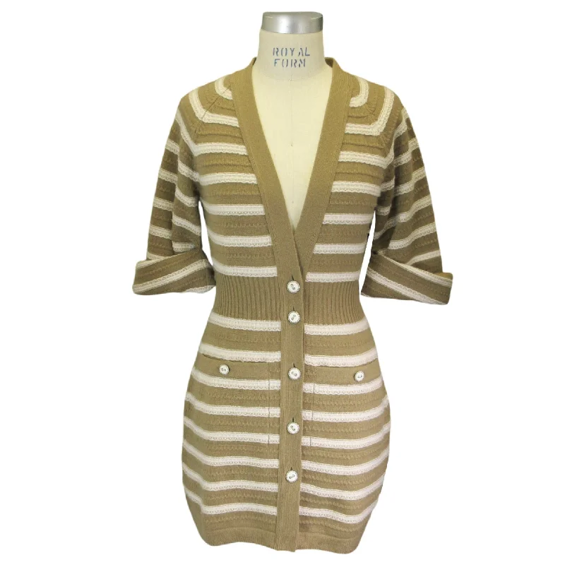 Chanel Tan / Ivory Striped Button-down Cashmere Knit Sweater Dress High Neck Crew Neck V-Neck