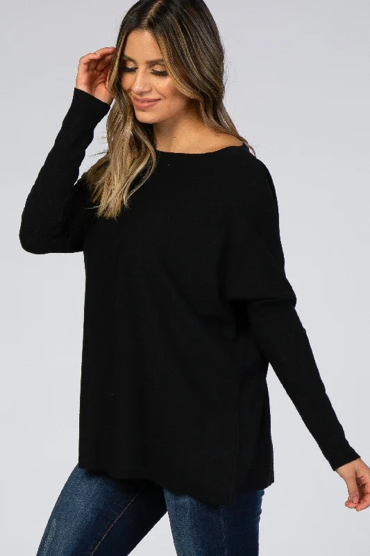 Black Soft Knit Boatneck Dolman Sleeve Sweater Toggled Drawstring Belted