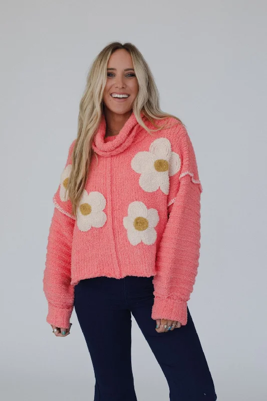 Petal Warmth Sweater - Coral Lace Blend Ribbed Blend Corduroy Blend