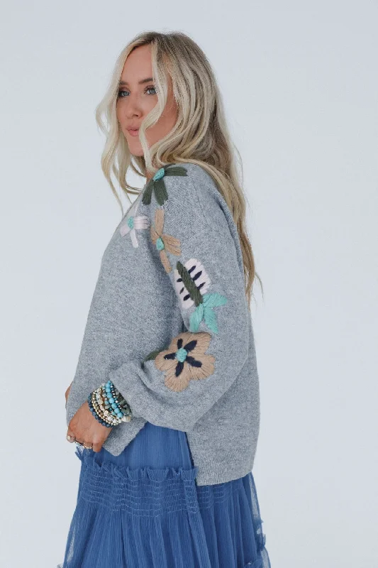 Wild Blossom Embroidered Sweater - Gray Spandex Blend Rayon Blend Denim Blend