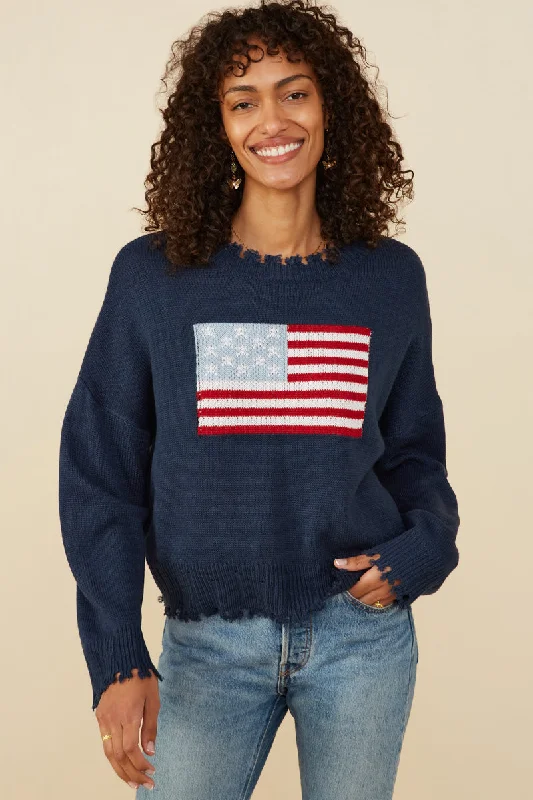 Womens Distressed Old Glory Graphic Sweater Iron Safe Non-Iron Wrinkle Free