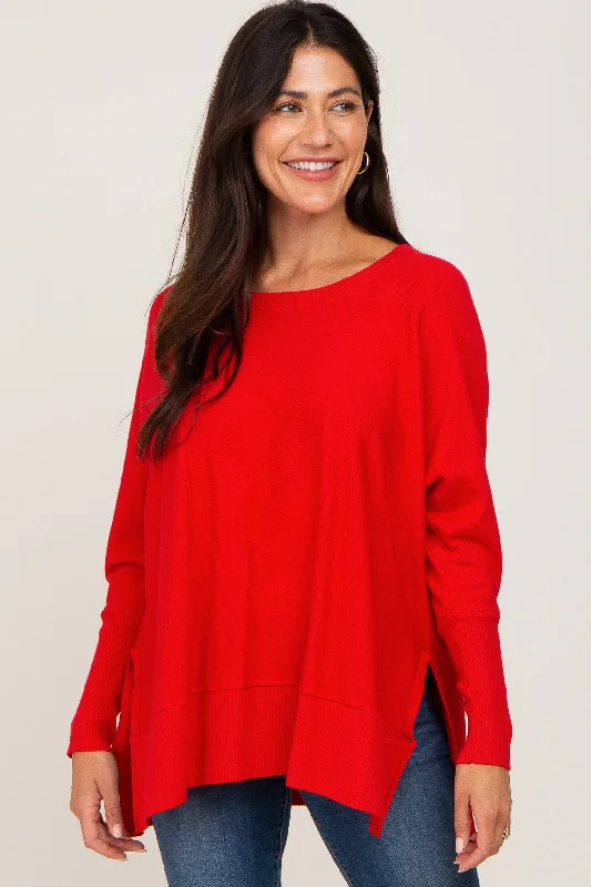 Red Dolman Sleeve Side Slit Sweater Glossy Satin Silk