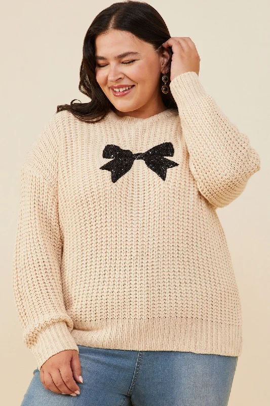 Low Gauge Sweater with Sequin Bow Patch Mesh Blend Leather Blend Suede Blend