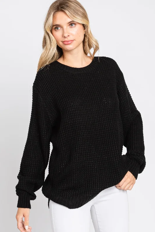 Black Waffle Knit Round Hem Sweater Front Pockets Side Pockets Patch Pockets